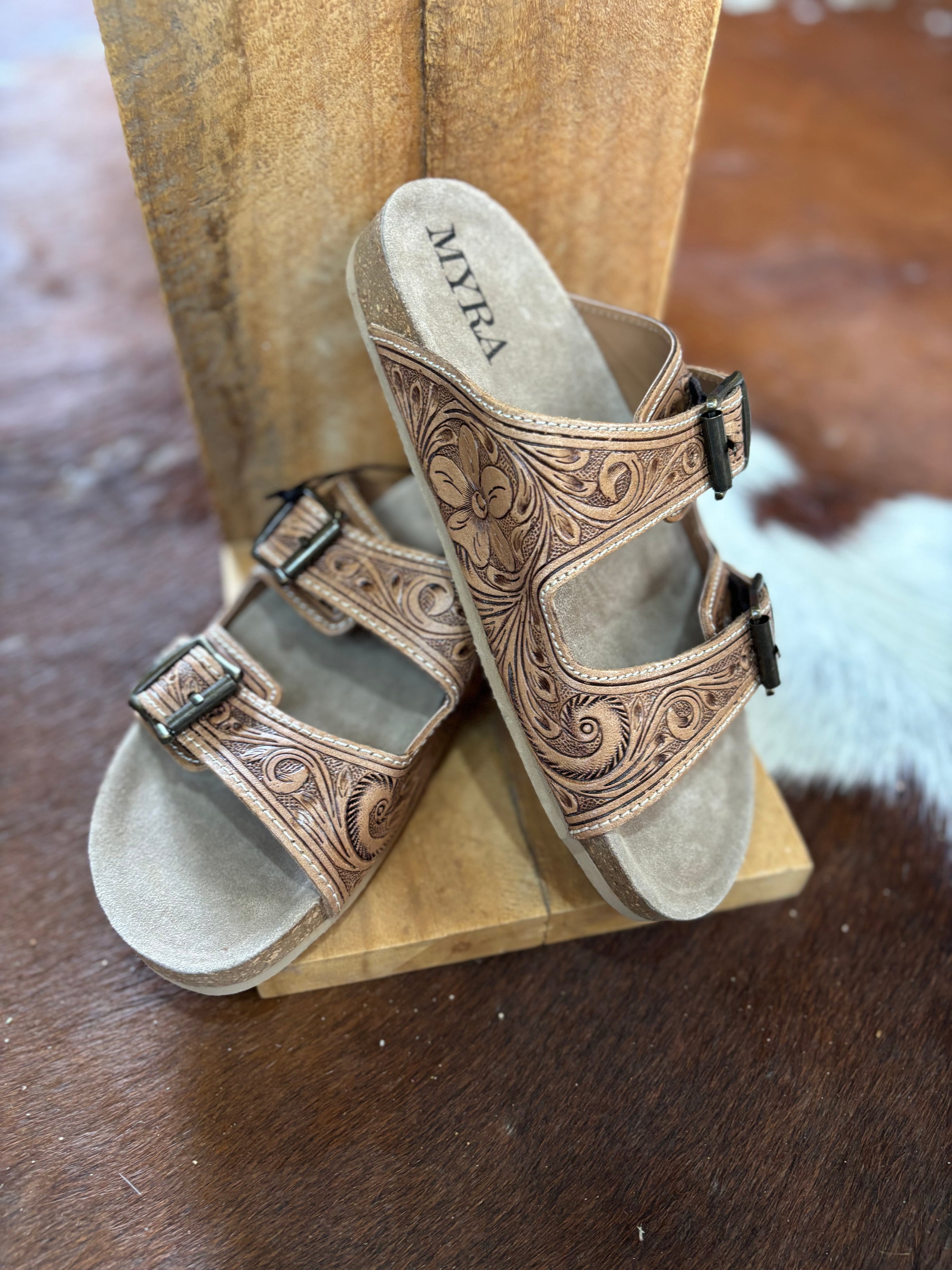 Tooled leather Leather slides Ladies